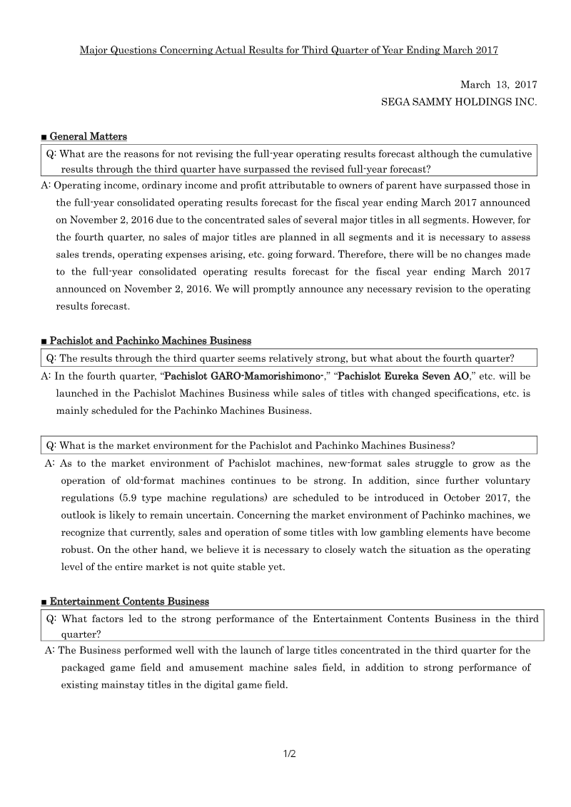 Cover of Sega Sammy Holdings: Major Questions Concerning Actual Results for Third Quarter of Year Ending March 2017