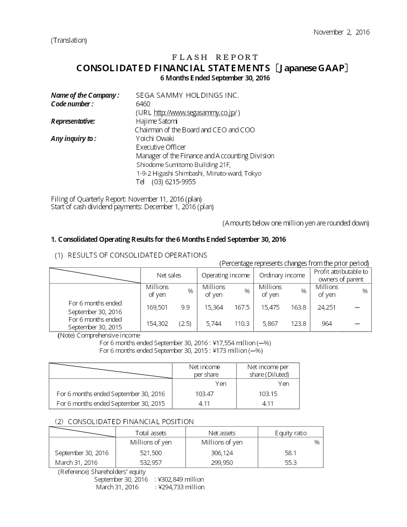 Cover of Sega Sammy Holdings Consolidated Financial Statements: 6 Months Ended September 30, 2016