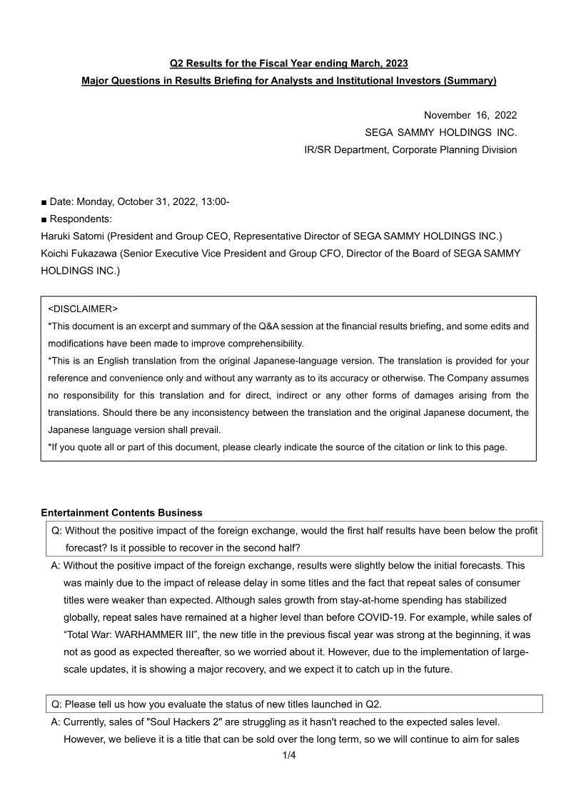 Cover of Sega Sammy Q2 Fiscal Year 2023 Results: Major Questions in Results Briefing