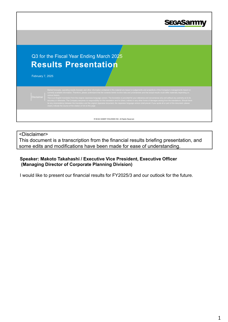 Cover of Sega Sammy Q3 Fiscal Year Ending March 2025: Results Presentation