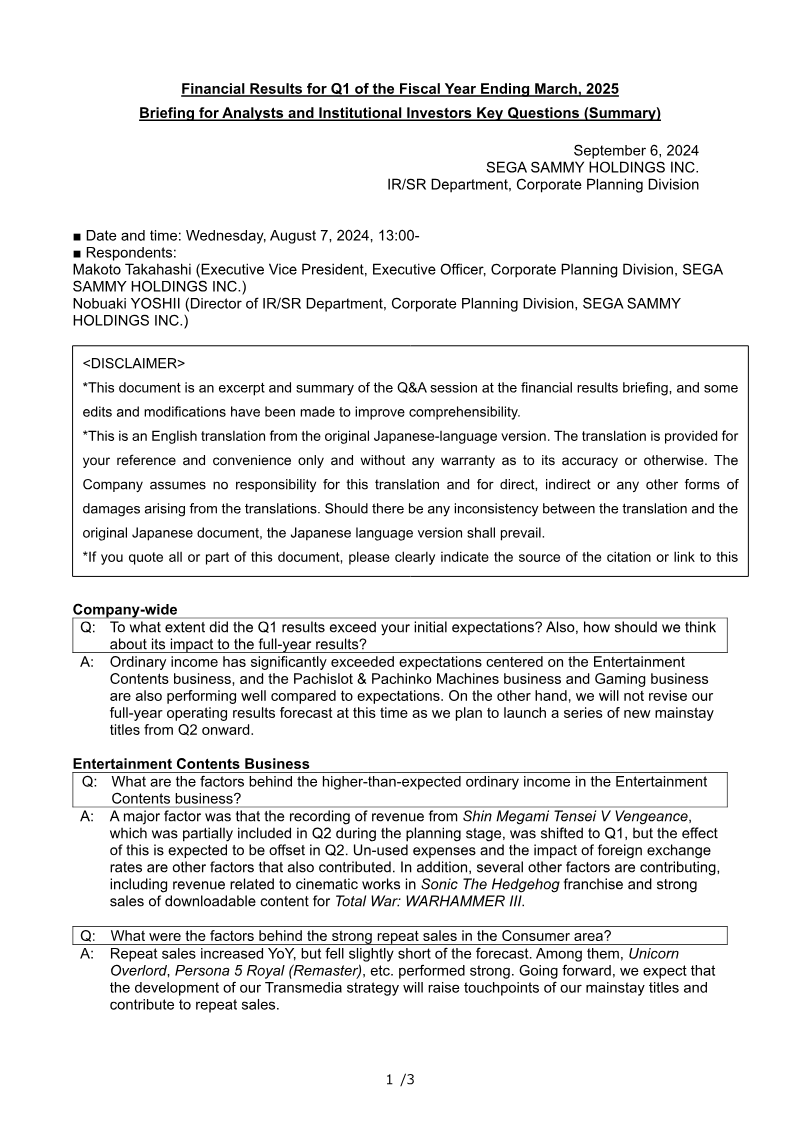 Cover of Sega Sammy Holdings Financial Results Q1 FY2025: Key Questions
