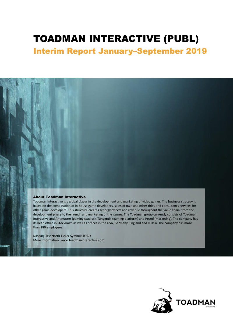 Cover of Toadman Interactive Interim Report: January–September 2019