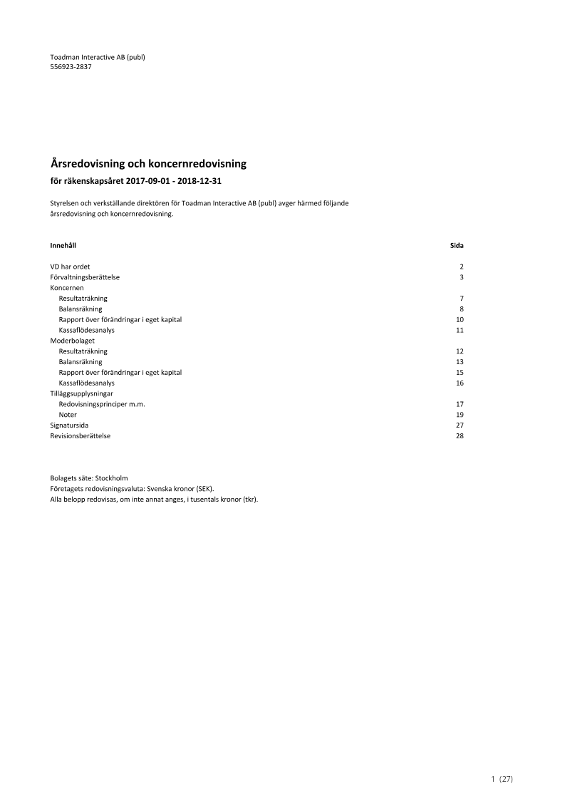Cover of Toadman Interactive Årsredovisning 2017-2018