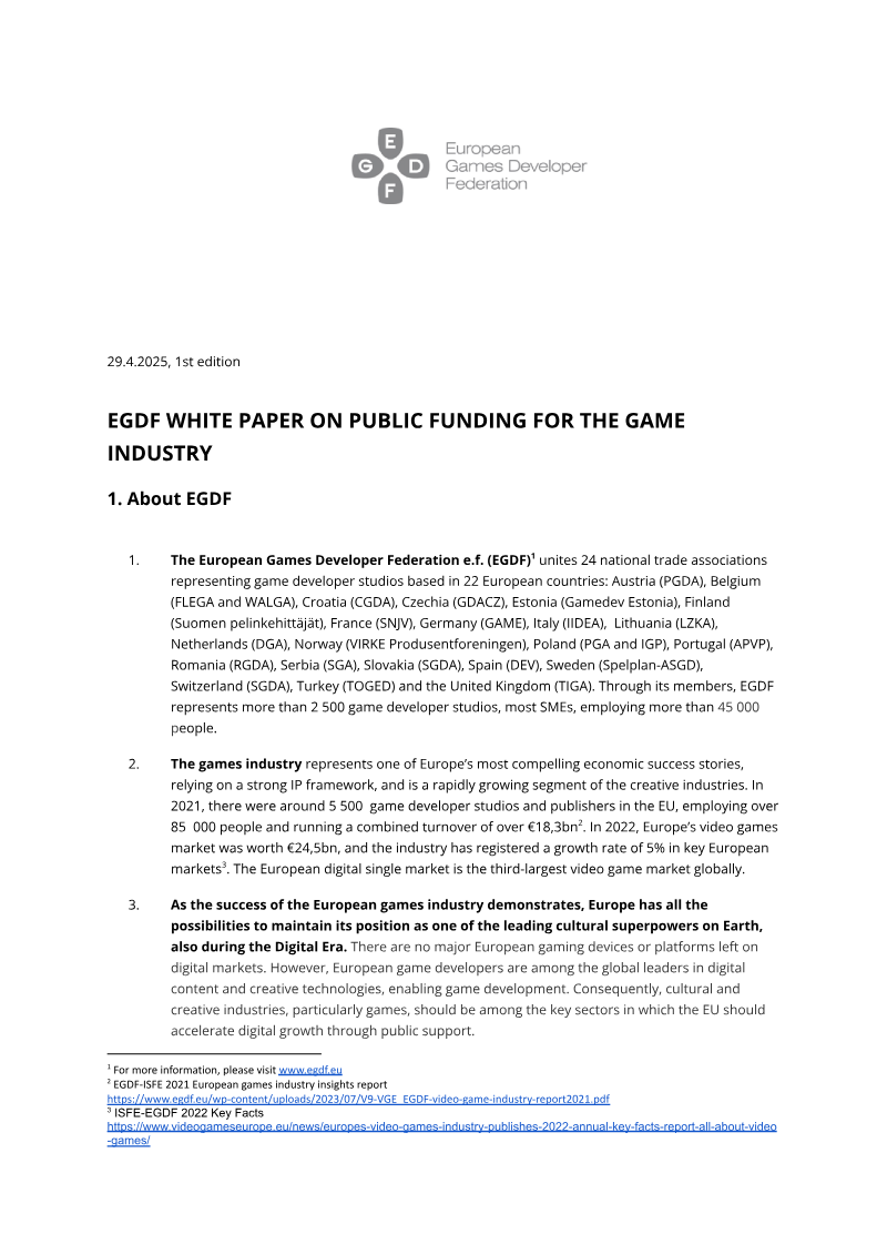 Cover of White Paper on Public Funding for the Game Industry