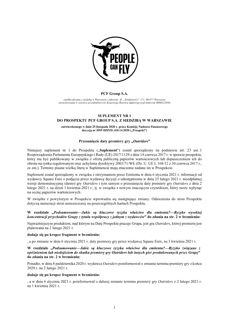 Cover of Suplement Nr 1 do Prospektu PCF Group S.A.
