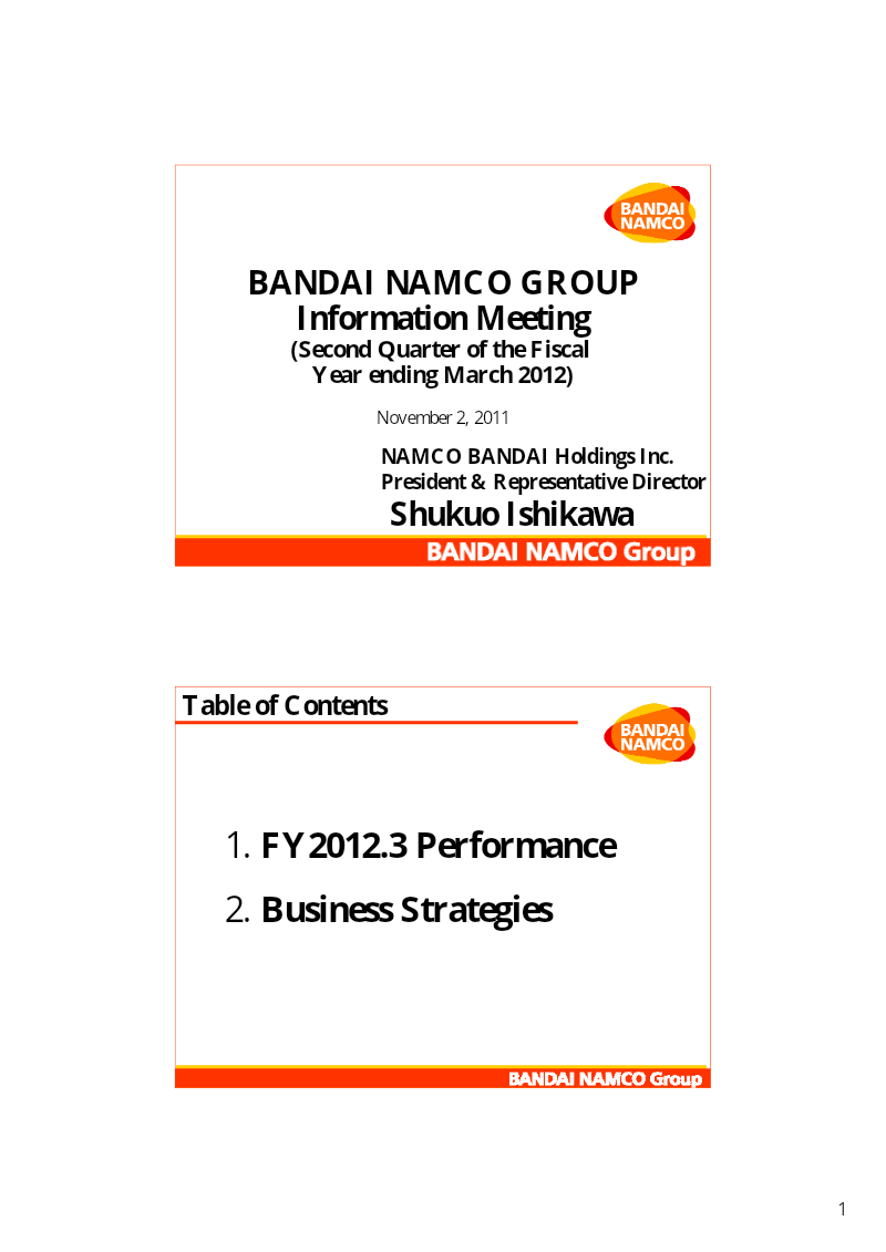 Cover of Bandai Namco Group Information Meeting: Second Quarter of the Fiscal Year Ending March 2012