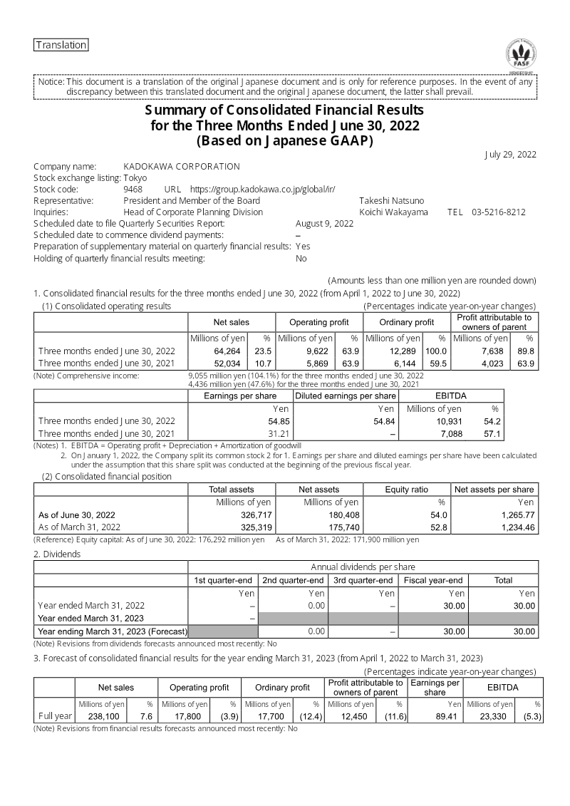 Cover of Kadokawa Corporation Summary of Consolidated Financial Results for the Three Months Ended June 30, 2022