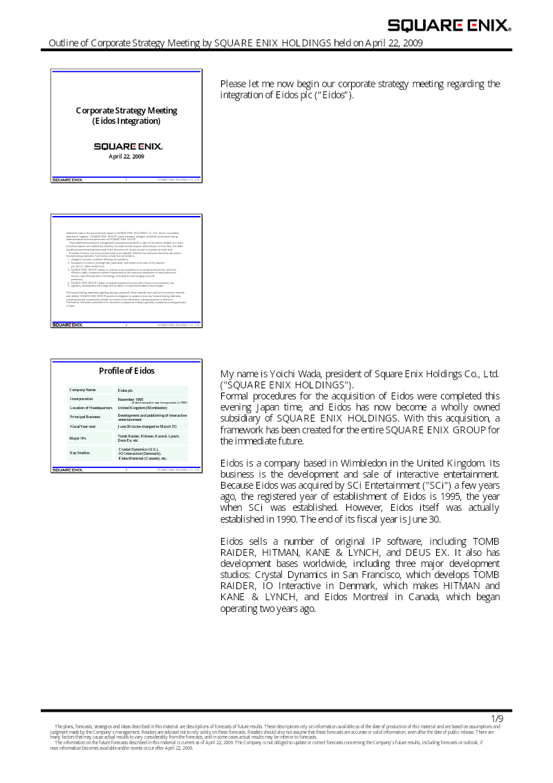 Cover of Corporate Strategy Meeting: Eidos Integration