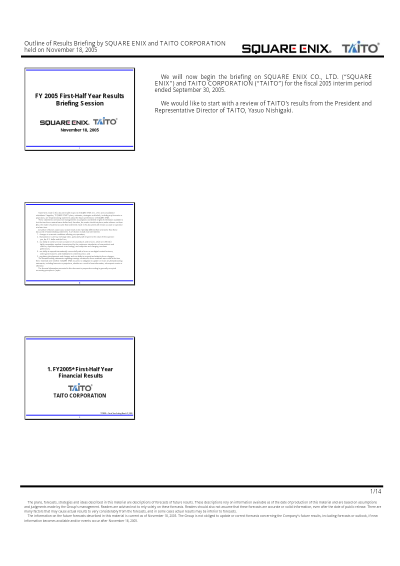 Cover of Square Enix and Taito Corporation 2005 First-Half Year Results