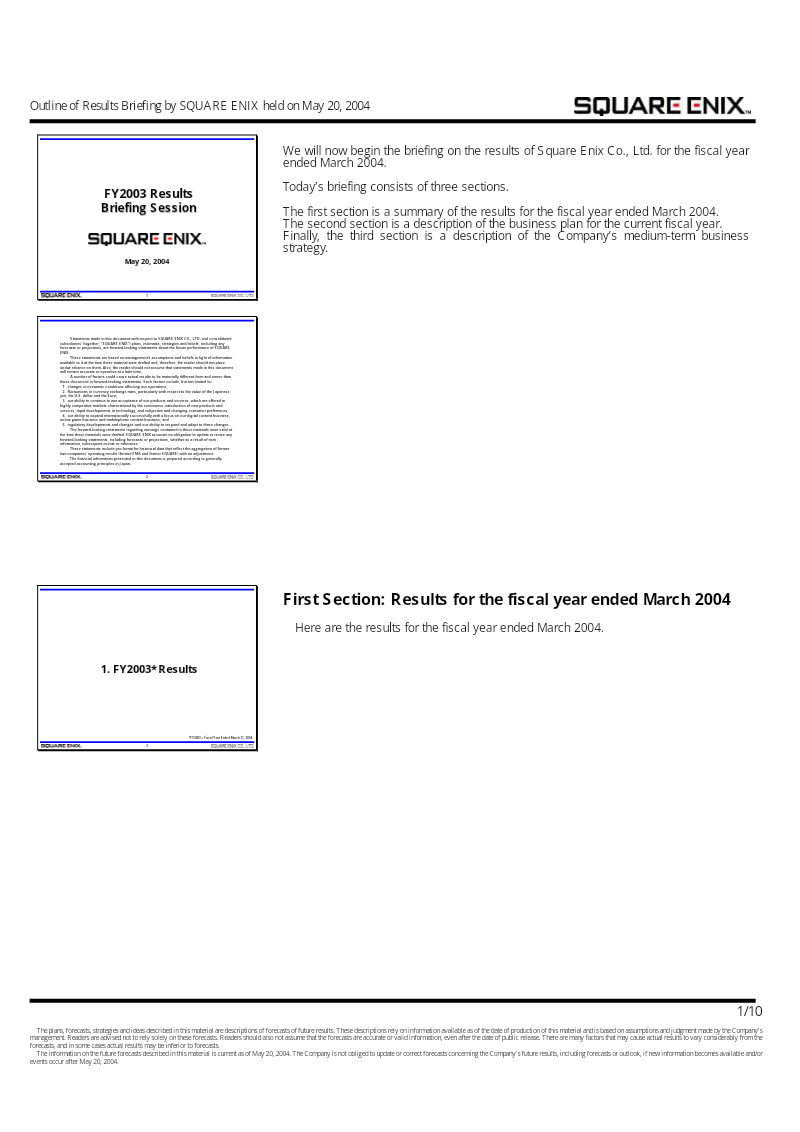 Cover of Square Enix FY2003 Results Briefing