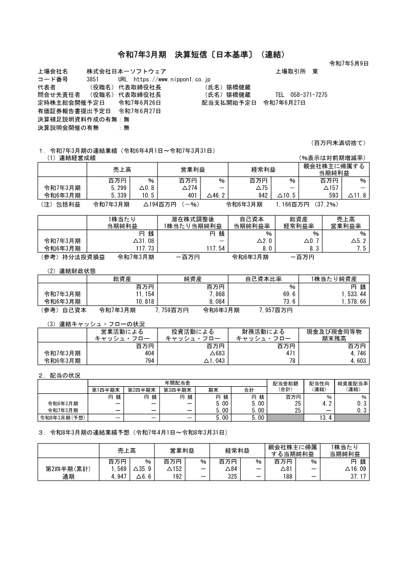 Cover of Nippon Ichi Software Financial Results: Fiscal Year Ended March 2025