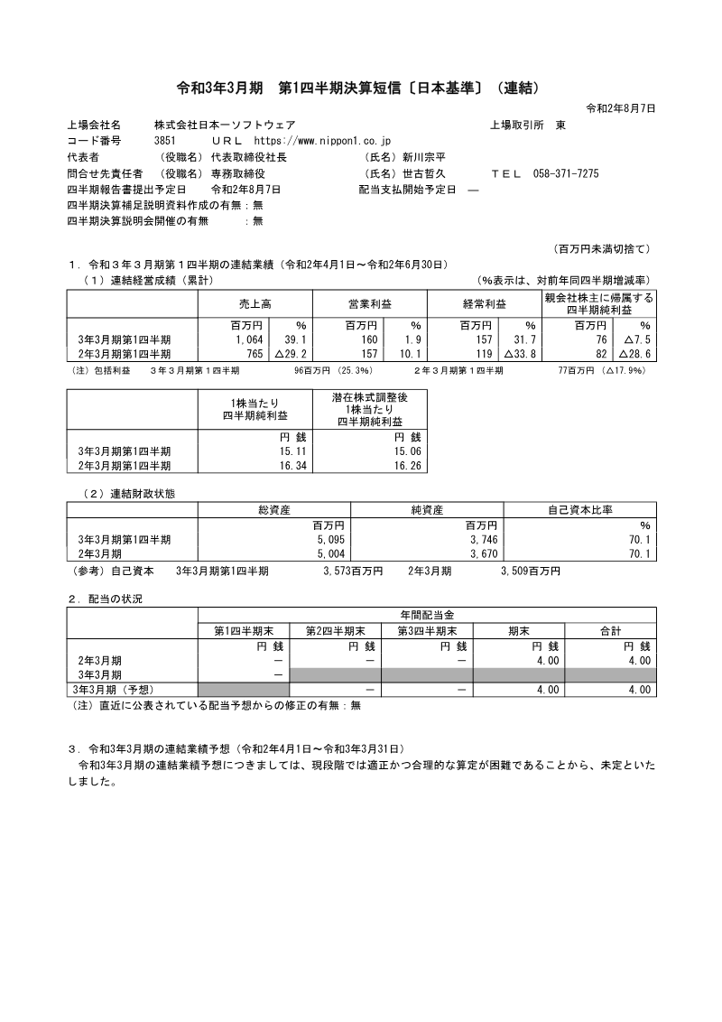 Cover of Nippon Ichi Software Q1 2021 Financial Results