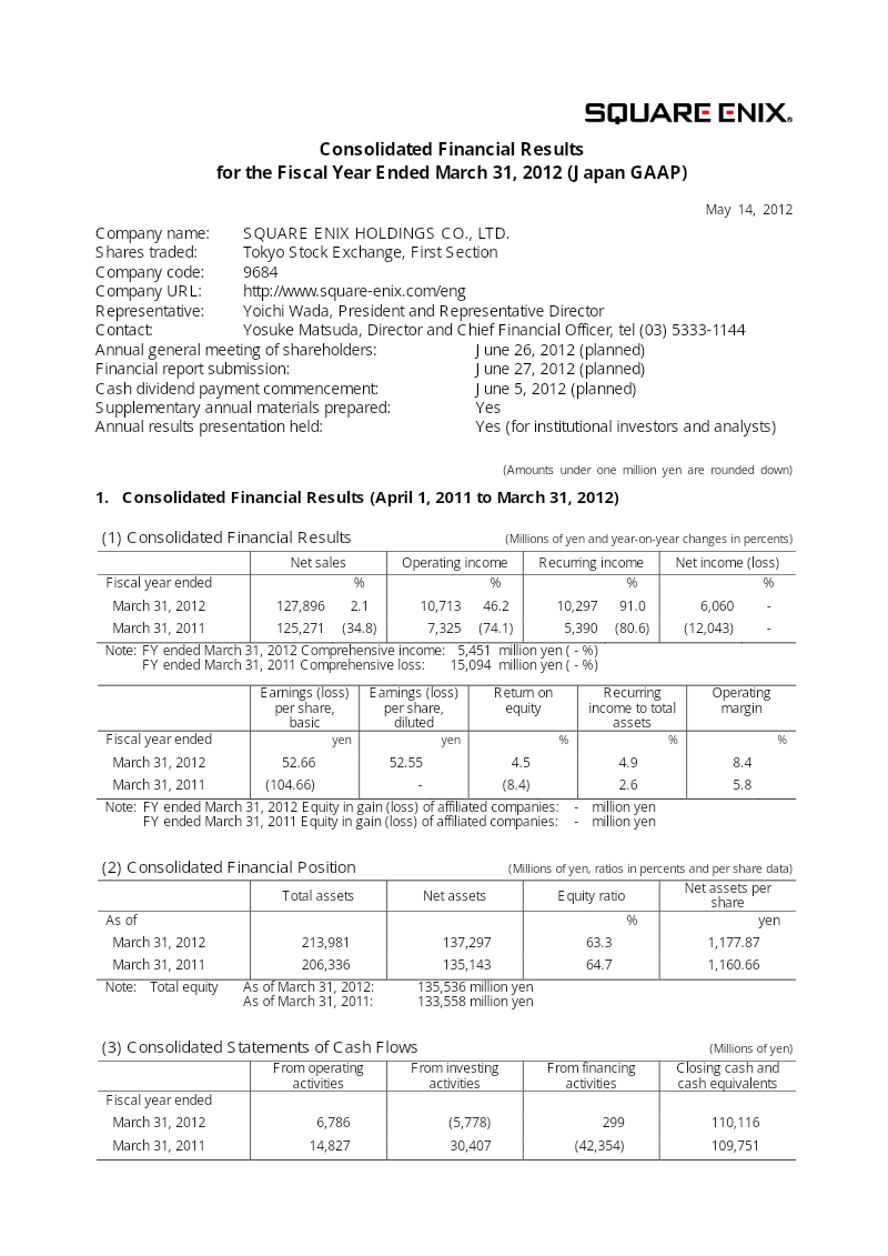 Cover of Square Enix Holdings Consolidated Financial Results for the Fiscal Year Ended March 31, 2012