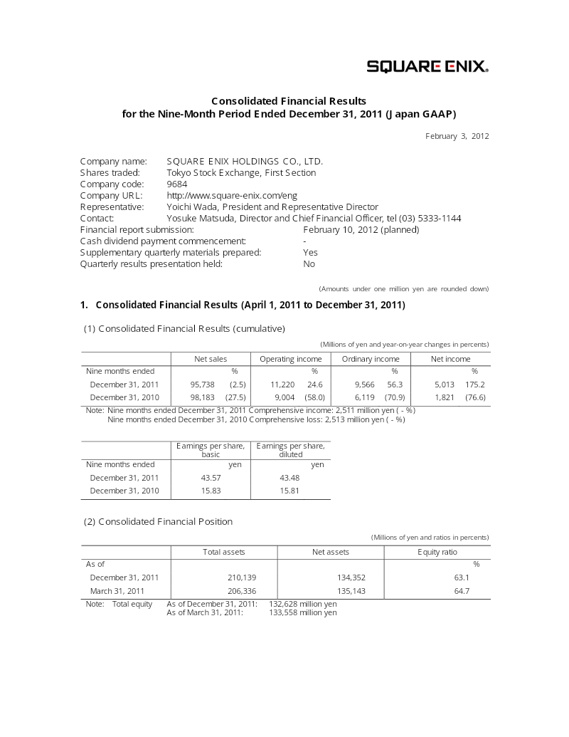 Cover of Square Enix Holdings Consolidated Financial Results: Nine-Month Period Ended December 31, 2011