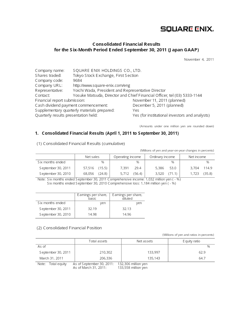 Cover of Square Enix Holdings Consolidated Financial Results: Six-Month Period Ended September 30, 2011