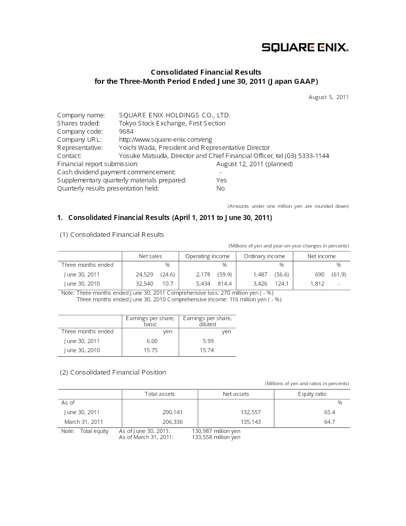 Cover of Square Enix Holdings Consolidated Financial Results: Three-Month Period Ended June 30, 2011
