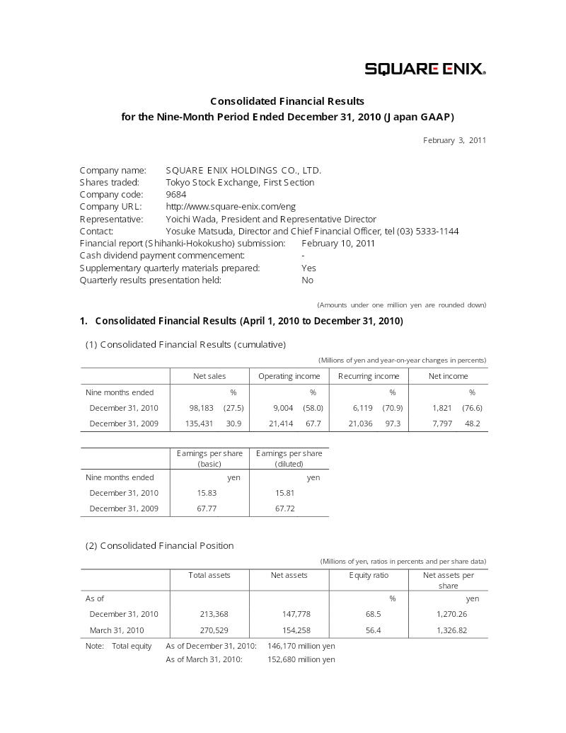 Cover of Square Enix Holdings Consolidated Financial Results: Nine-Month Period Ended December 31, 2010