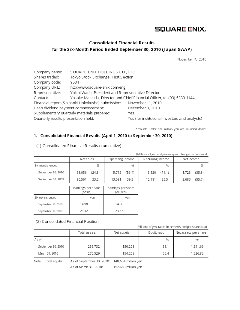 Cover of Square Enix Holdings Consolidated Financial Results: Six-Month Period Ended September 30, 2010