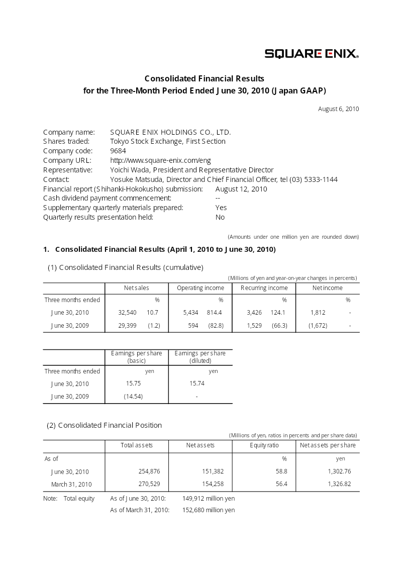 Cover of Square Enix Holdings Consolidated Financial Results: Three-Month Period Ended June 30, 2010