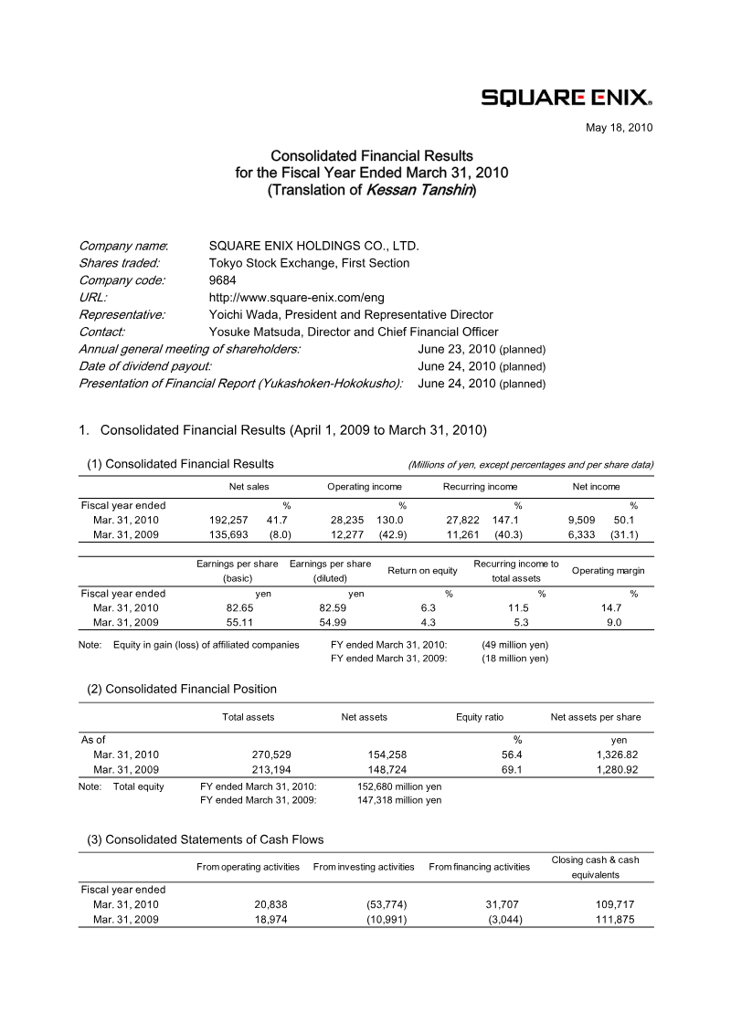 Cover of Square Enix Holdings Consolidated Financial Results: Fiscal Year Ended March 31, 2010