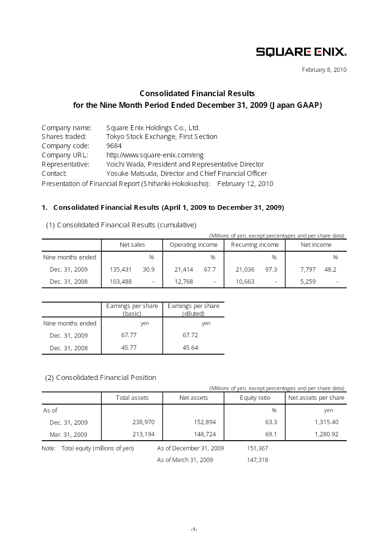 Cover of Square Enix Holdings Consolidated Financial Results: Nine Month Period Ended December 31, 2009