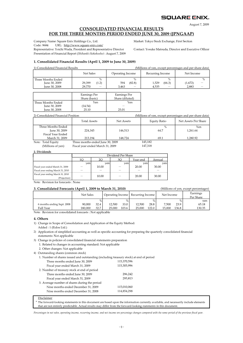 Cover of Square Enix Holdings Consolidated Financial Results: Three Months Ended June 30, 2009