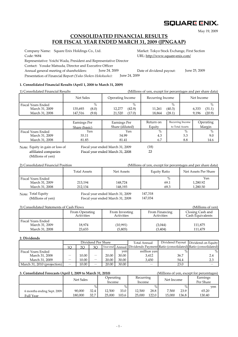 Cover of Square Enix Holdings Consolidated Financial Results: Fiscal Year Ended March 31, 2009
