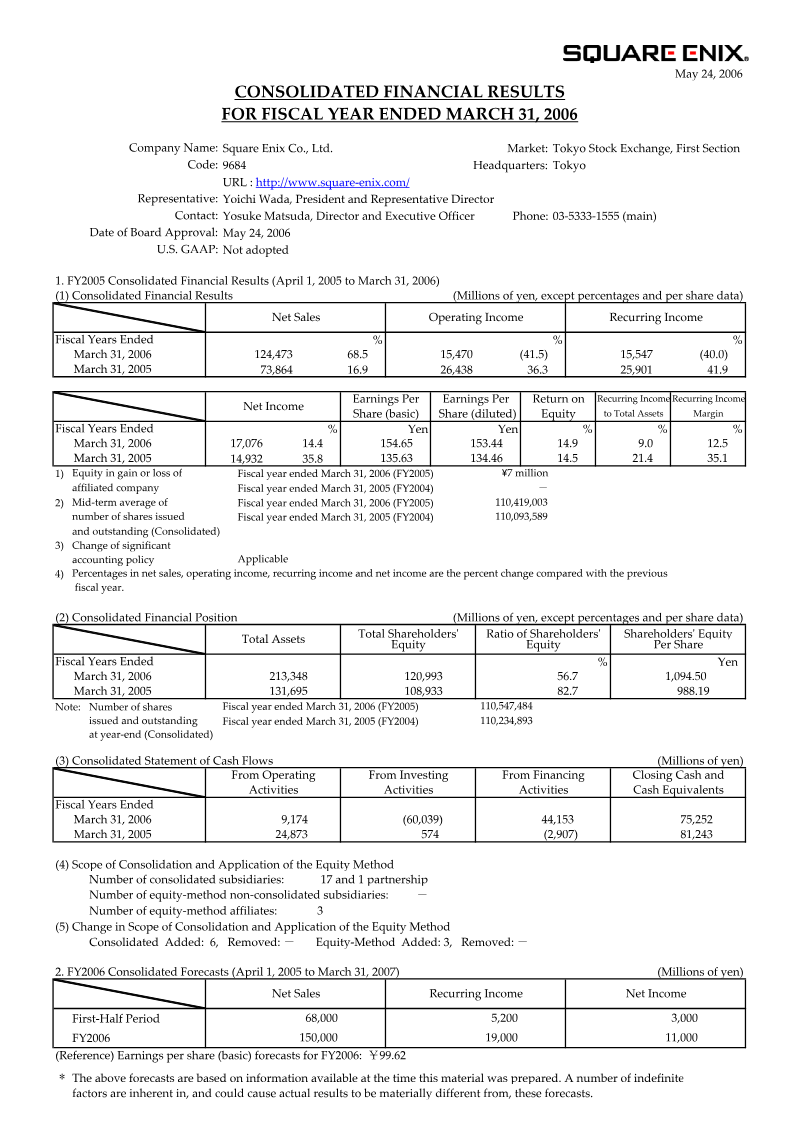 Cover of Square Enix Consolidated Financial Results: Fiscal Year Ended March 31, 2006
