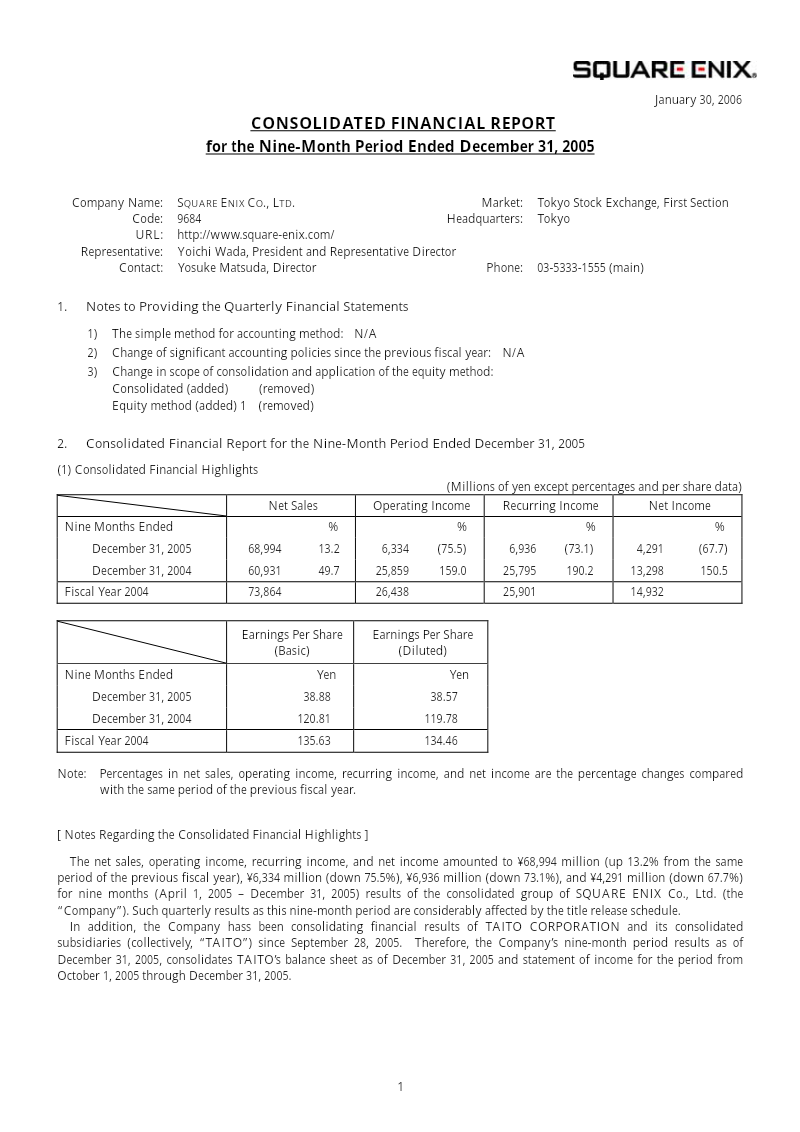 Cover of Square Enix Consolidated Financial Report for the Nine-Month Period Ended December 31, 2005