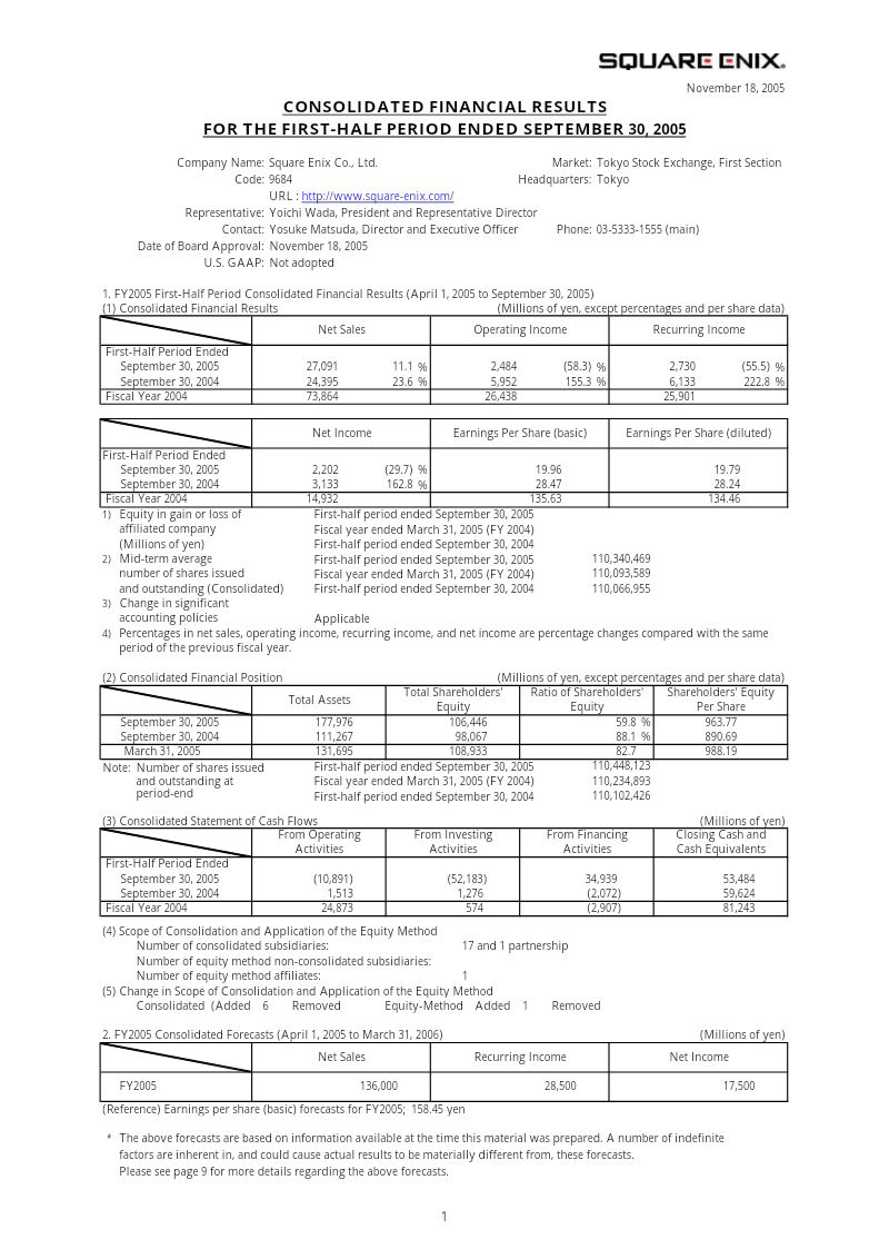 Cover of Square Enix: Consolidated Financial Results for the First-Half Period Ended September 30, 2005