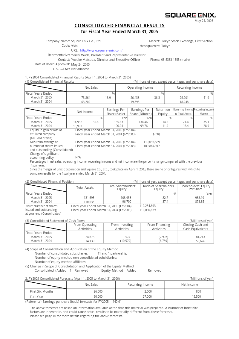 Cover of Square Enix Consolidated Financial Results: Fiscal Year Ended March 31, 2005
