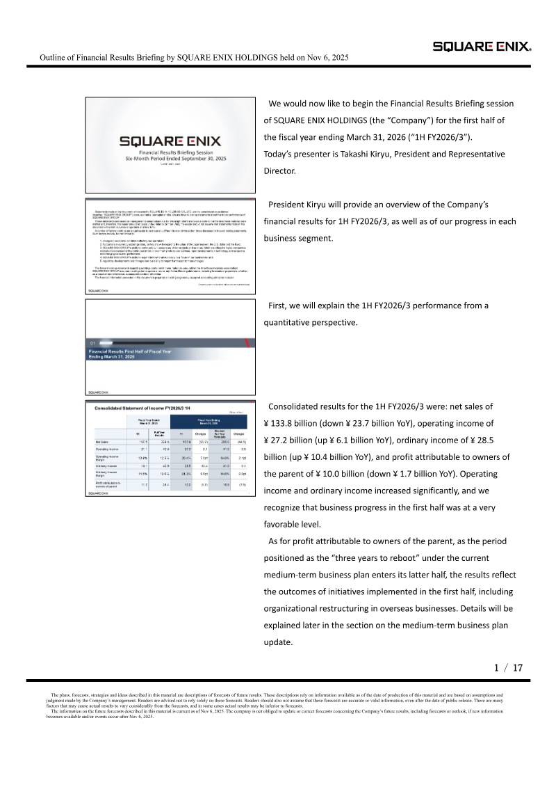 Cover of Square Enix Holdings Financial Results: First Half of Fiscal Year Ending March 31, 2026
