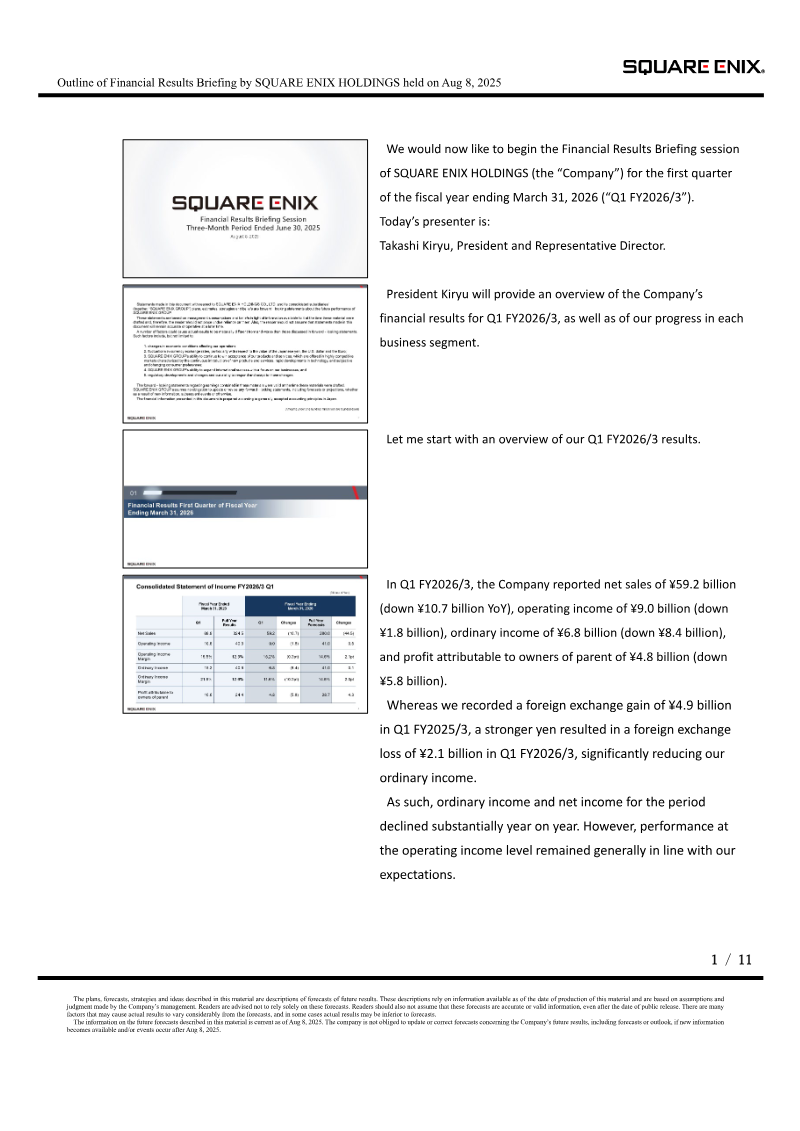 Cover of Square Enix Holdings Financial Results: Q1 FY2026/3