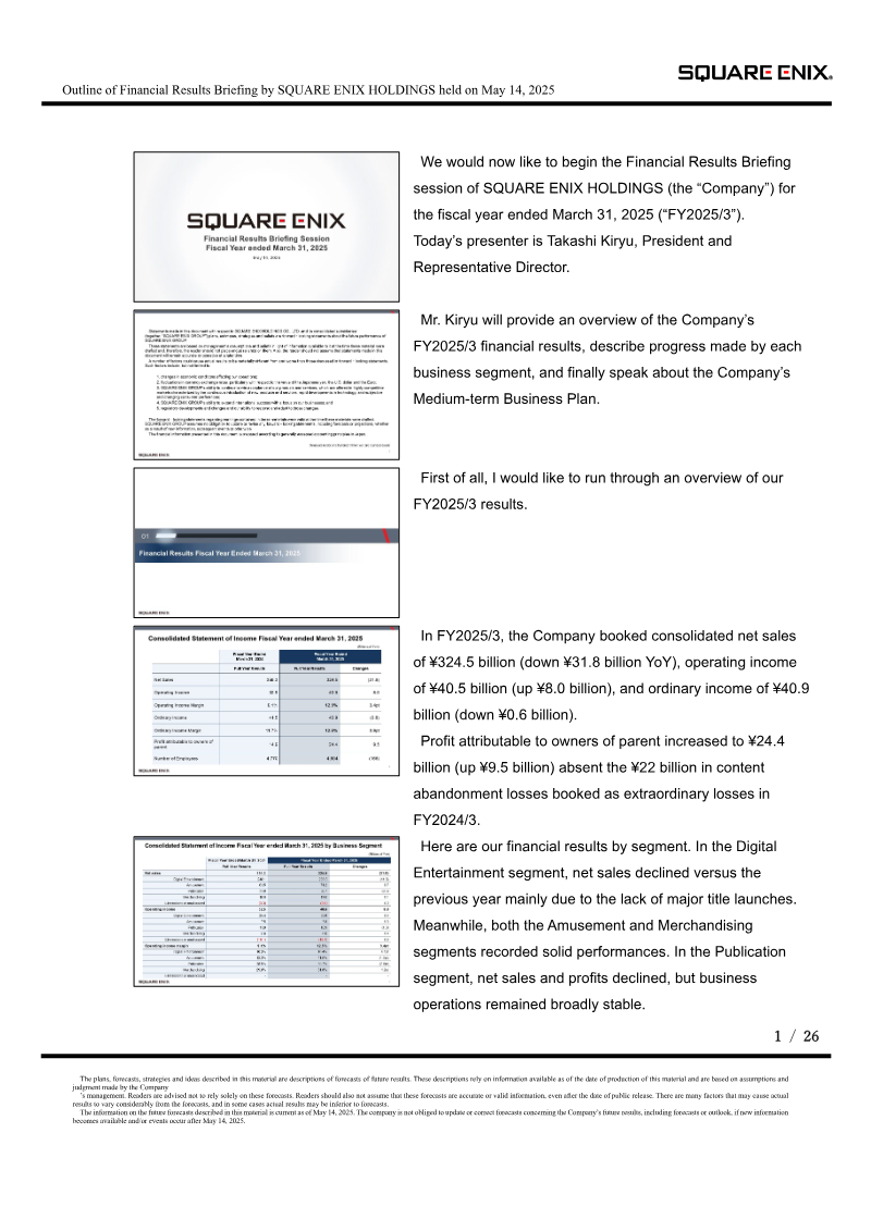 Cover of Square Enix Holdings Financial Results Briefing: Fiscal Year Ended March 31, 2025