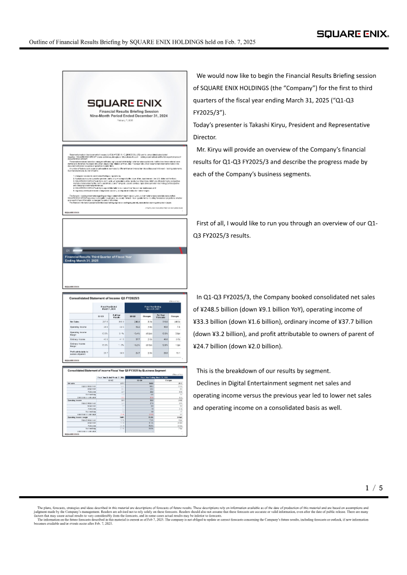 Cover of Square Enix Holdings Financial Results: Q1-Q3 FY2025/3