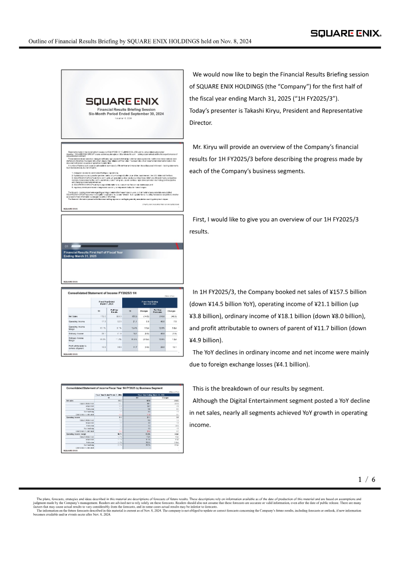 Cover of Square Enix Holdings Financial Results Briefing: 1H FY2025/3