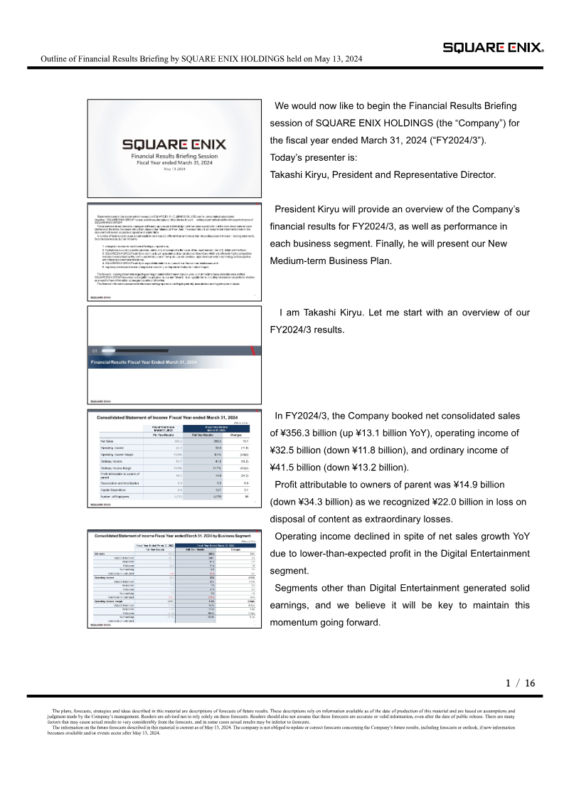 Cover of Square Enix Holdings Financial Results Briefing: Fiscal Year Ended March 31, 2024