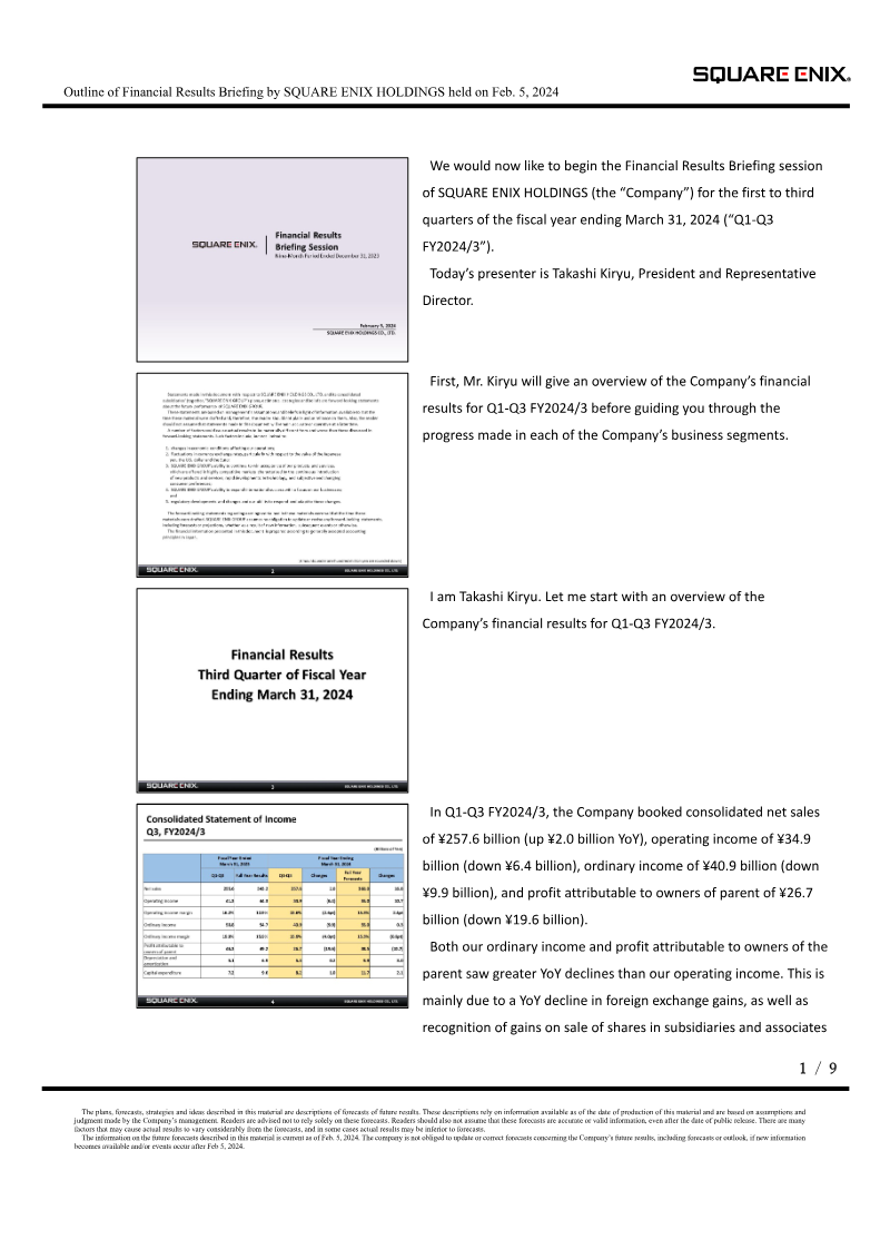 Cover of Square Enix Holdings Financial Results Briefing: Nine-Month Period Ended December 31, 2023