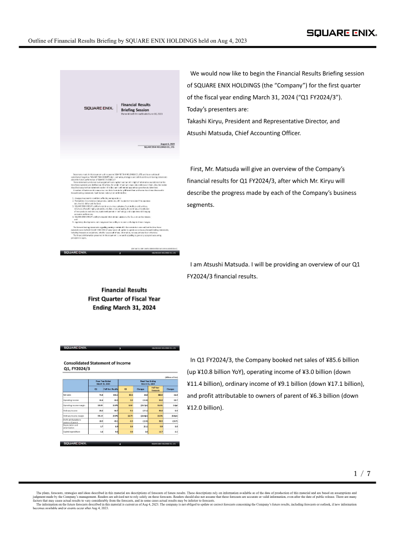 Cover of Square Enix Holdings Financial Results Briefing: Q1 FY2024/3