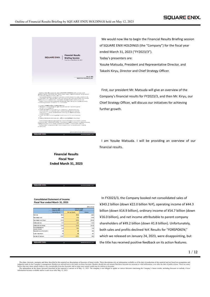 Cover of Square Enix Financial Results Briefing: Fiscal Year Ended March 31, 2023