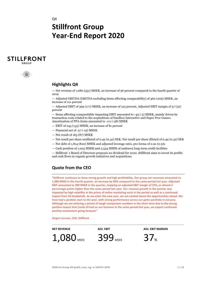 Cover of Stillfront Group Year-End Report 2020