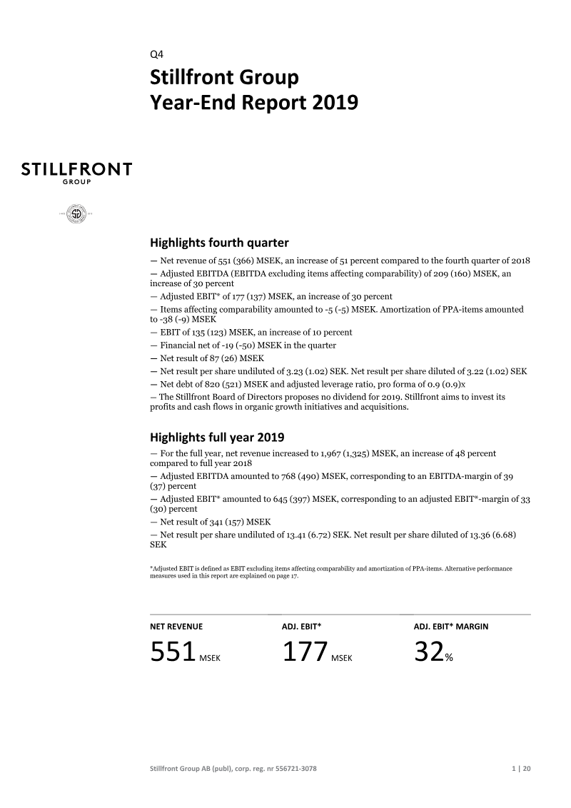 Cover of Year-End Report 2019: Stillfront Group