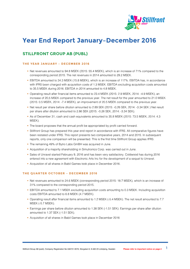 Cover of Stillfront Group Year End Report: January–December 2016