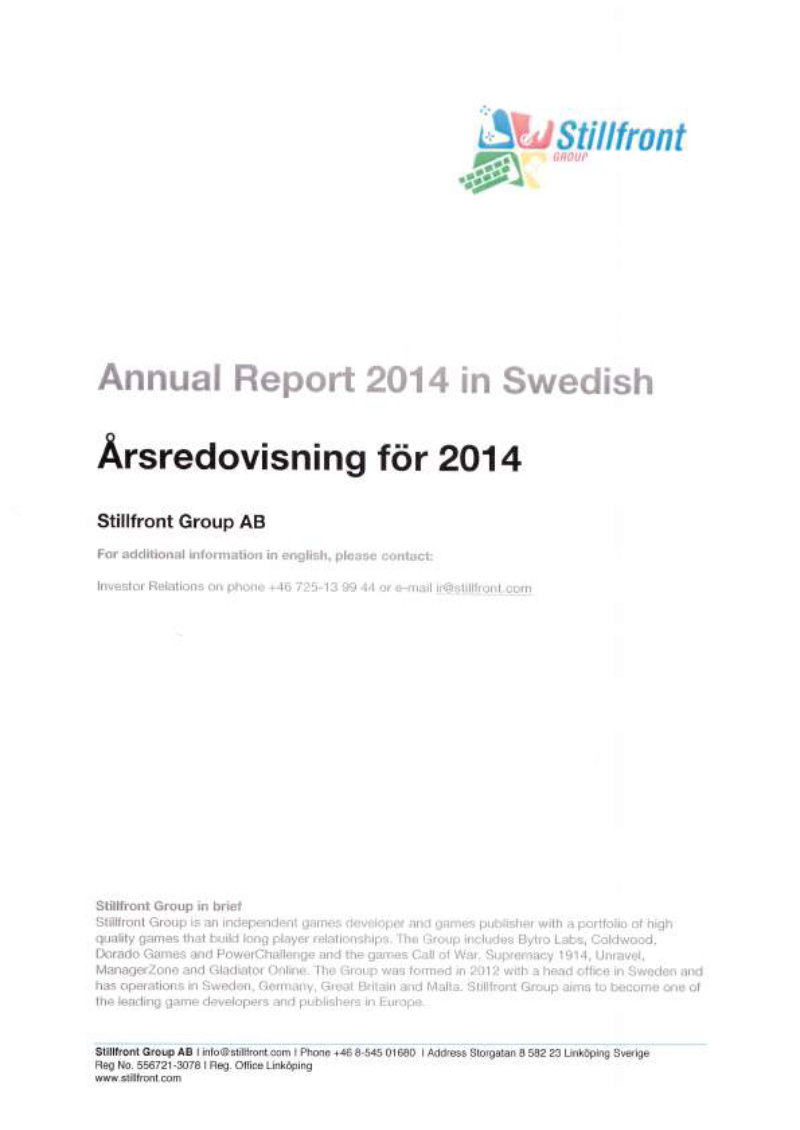 Cover of Stillfront Group Annual Report 2014