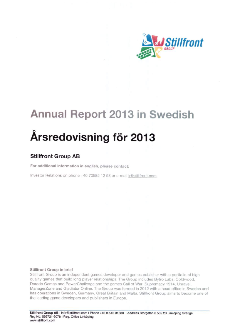Cover of Stillfront Group Annual Report 2013