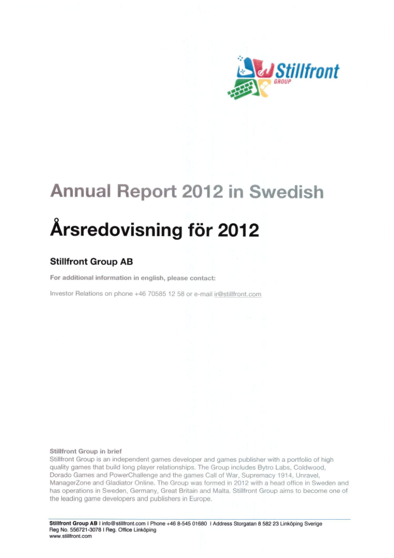 Cover of Stillfront Group Annual Report 2012