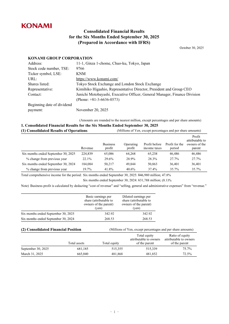 Cover of Konami Group Corporation: Consolidated Financial Results for the Six Months Ended September 30, 2025