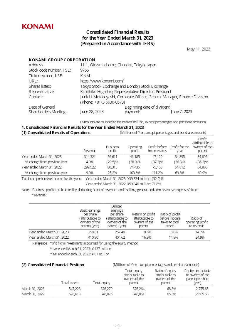 Cover of Konami Group Corporation: Consolidated Financial Results for the Year Ended March 31, 2023