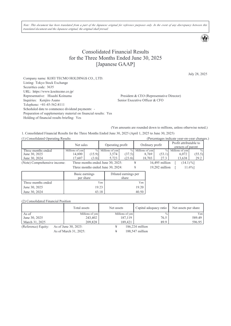 Cover of Koei Tecmo Holdings Q1 2025 Consolidated Financial Results
