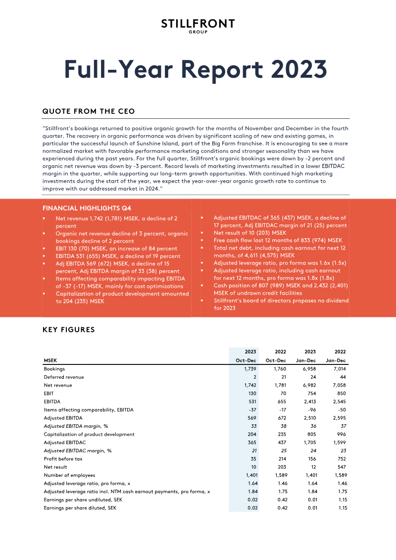 Cover of Stillfront Group Full-Year Report 2023